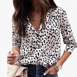 ECOWISH Leopard Print Button Down Long Sleeve Shirt, L, Black/White NWOT